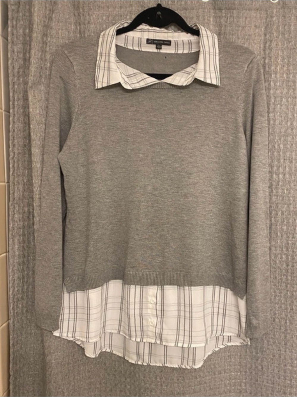 Light Gray Layered Sweater with White Plaid Shirt Detail